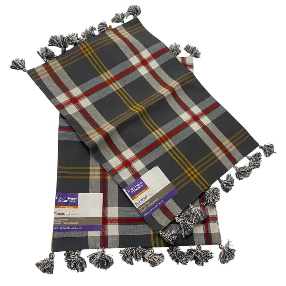 NWT Set of 2 Better Homes & Garden Gray Red Yellow Plaid Table Mats with Tassels